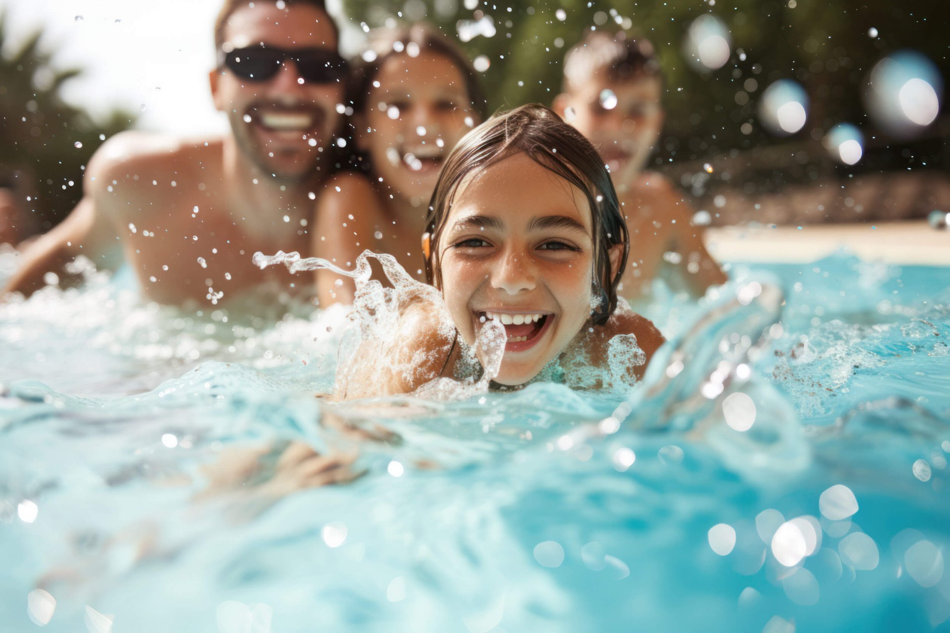 family splashing in the pool at monument at pooler apartments in pooler ga